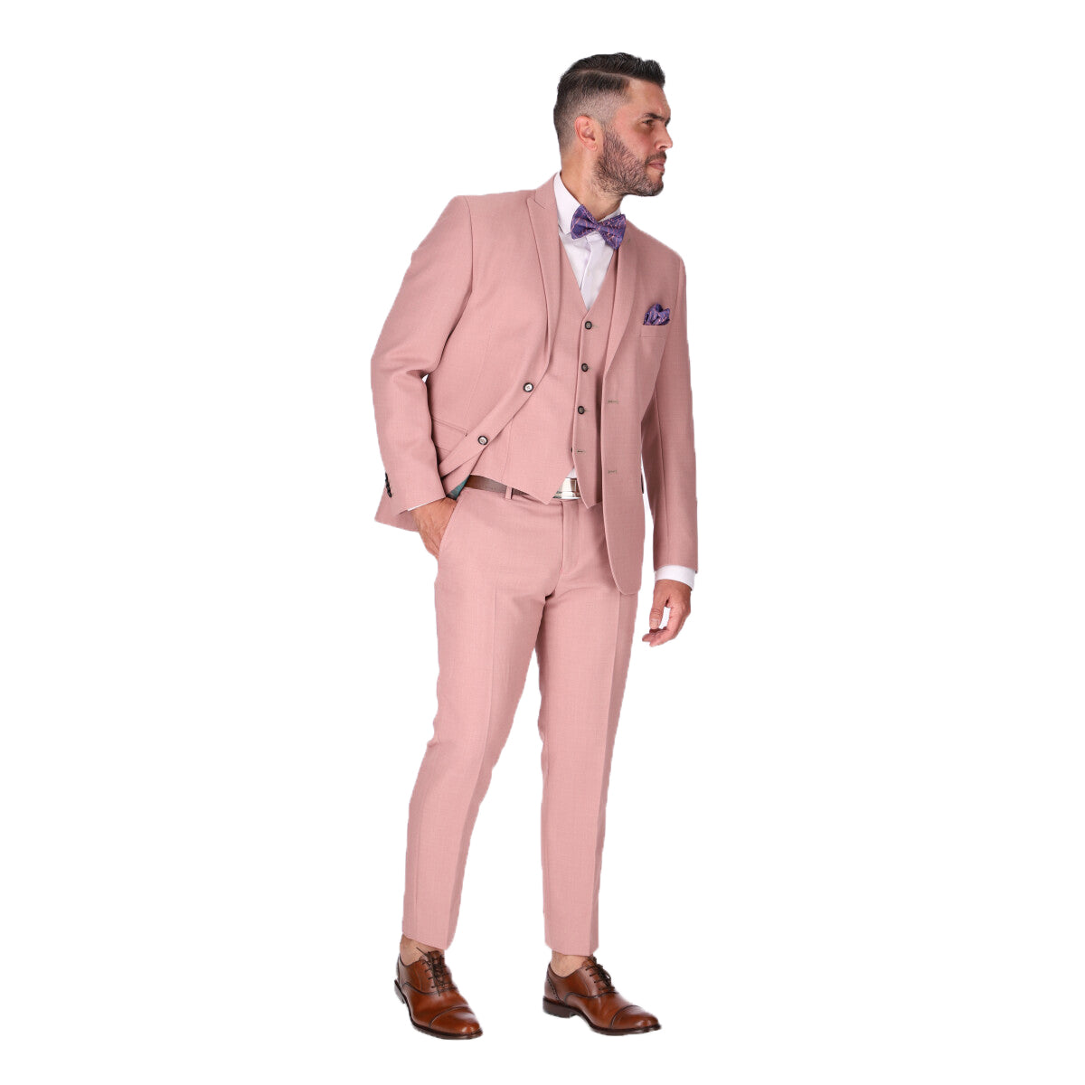 Traje SLIM de 3 piezas color rosa liso. Conjunto de Saco, Pantalón y Chaleco. Outfit de dos botones 100% Microfibra con doble abertura trasera