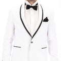 Traje media etiqueta SLIM de 2 piezas color blanco con negro. Conjunto de Saco y Pantalón. Outfit de un botón con doble abertura trasera