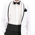 Traje media etiqueta SLIM de 2 piezas color blanco con negro. Conjunto de Saco y Pantalón. Outfit de un botón con doble abertura trasera