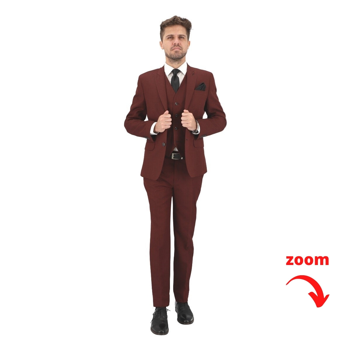 Traje SLIM FIT de 3 piezas color vino liso. Conjunto de Saco, Pantalón y Chaleco. Outfit de dos botones 100% Microfibra con doble abertura trasera.