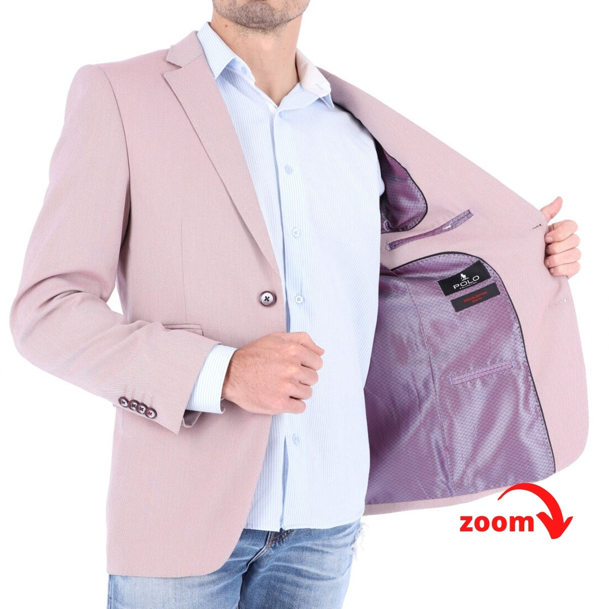 Saco SLIM color rosa. Saco para hombre de alta calidad de dos botones 100% Microfibra con doble abertura trasera. HPC Polo.